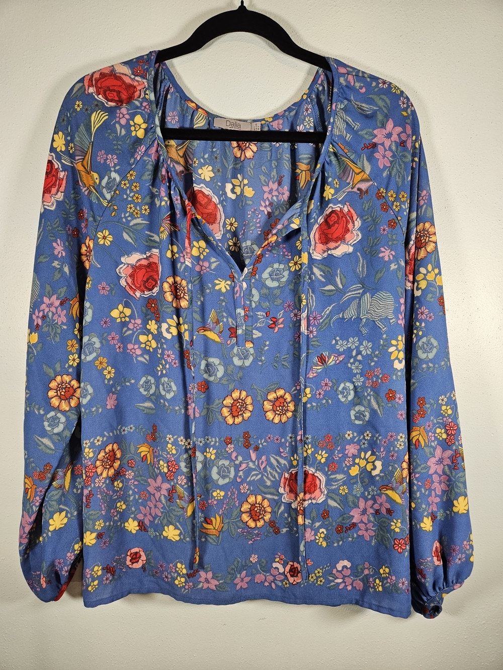 Dalia Blue Floral Tie-Front Peasant Blouse